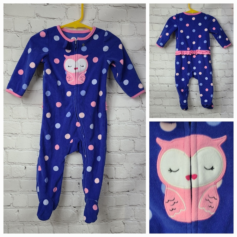 Carter's Girls 6-9M Soft Fleece Pink Owl Dots Onesie PJ Footie Winter Pajamas